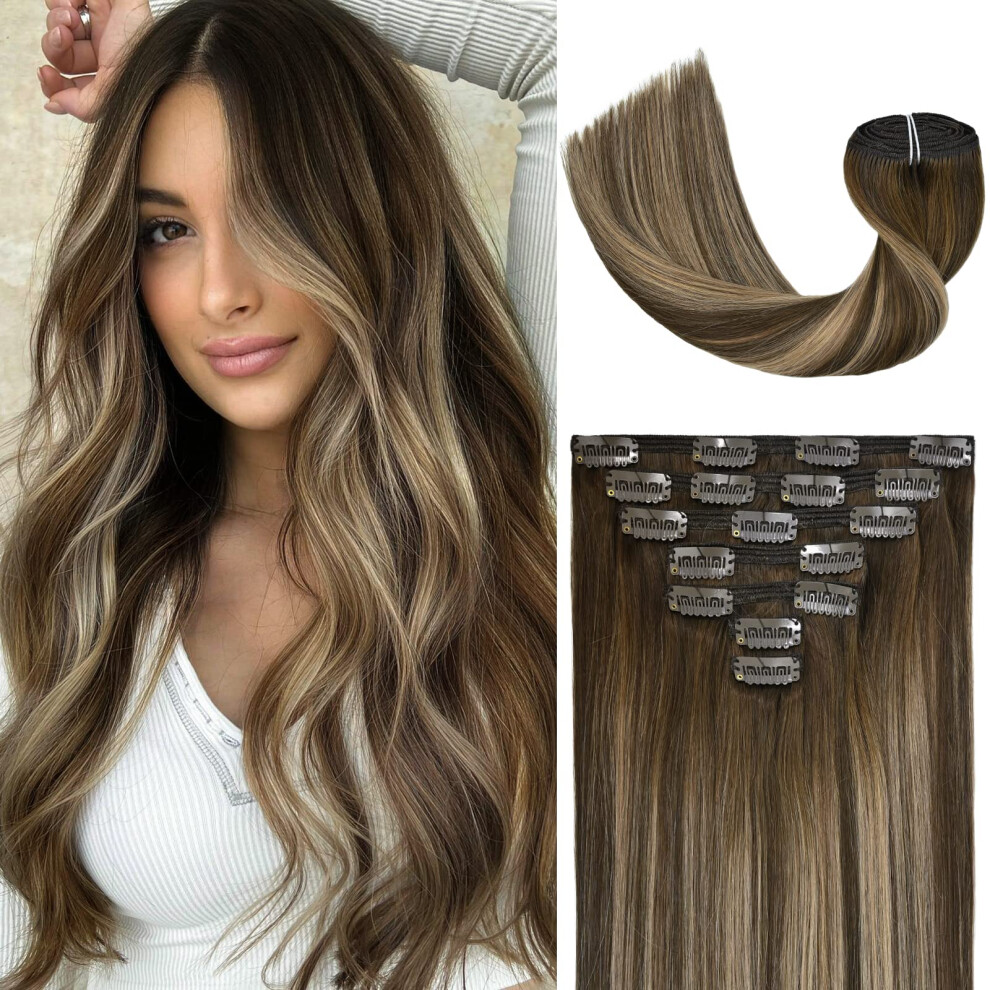 Unisex Brown 18 Inch Ombre Human Hair Extensions Clip In, Chocolate To Caramel Blonde, Full Head Remy