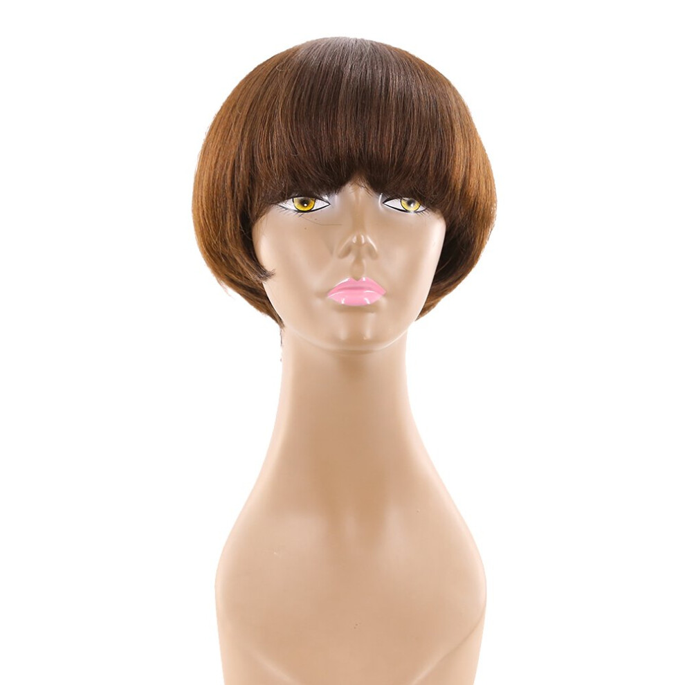 Short Brazilian Human Hair Wig with Bangs Dark Brown Straight Full Cap for Black Women