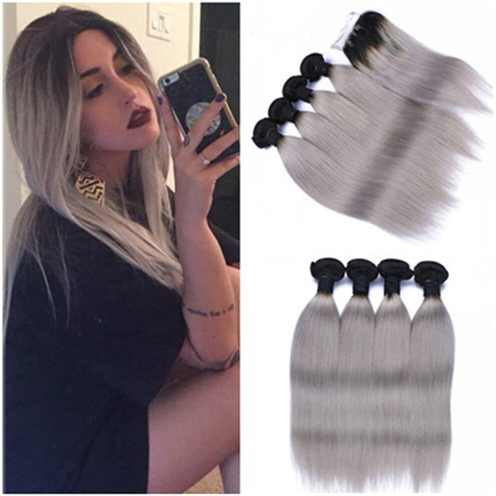 Ombre Human Hair Bundles with Closure 1B/Grey Virgin Peruvian Straight Extensions 4x4 Lace 4pcs