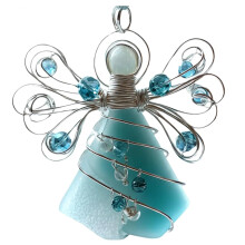 Handmade Sea Glass Angel Christmas Ornament with Silver Accents, Blue Coastal Holiday Tree Decor