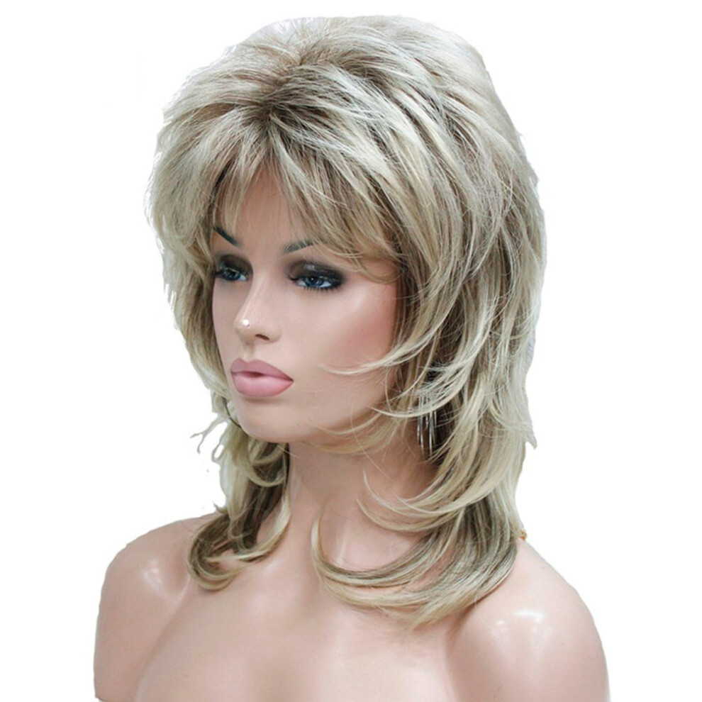 Long Layered Synthetic Wig Blonde with Dark Roots, Medium Length, Natural Look, Adjustable Fit