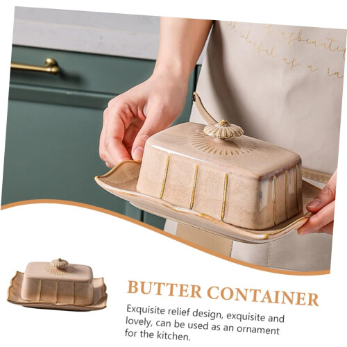 Butter Dish with Lid Ceramic Yellow Rectangle Tray Keeps Butter Fresh Microwave Safe for Kitchen 1