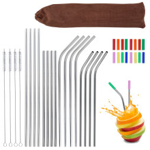 Grusce 16Pcs Stainless Steel Straws Reusable, Curved & Straight, with Silicone Tips, Brush, Bag, Compatible with 16 oz and 20 oz Tumblers