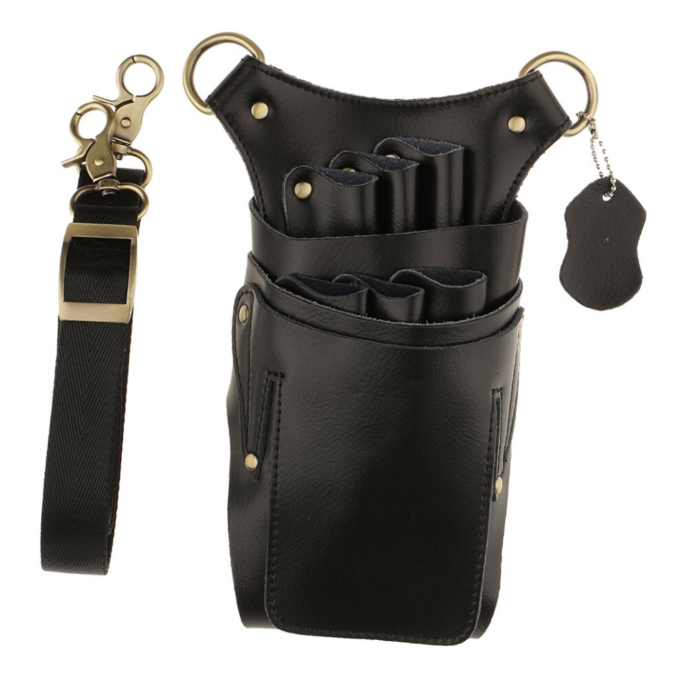 Leather Barber Holster For Scissors And Combs, Multipocket Hairdressing Tool Pouch With Adjustable Waist Shoulder Belt, Black 9070919542435