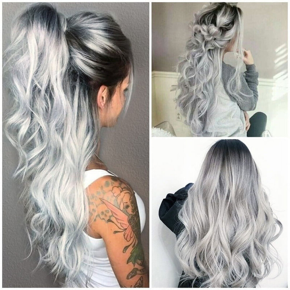 Unisex Silver Willstar 28" Ladies Full Wigs Hair Long Wavy Gray Wig Synthetic Hair