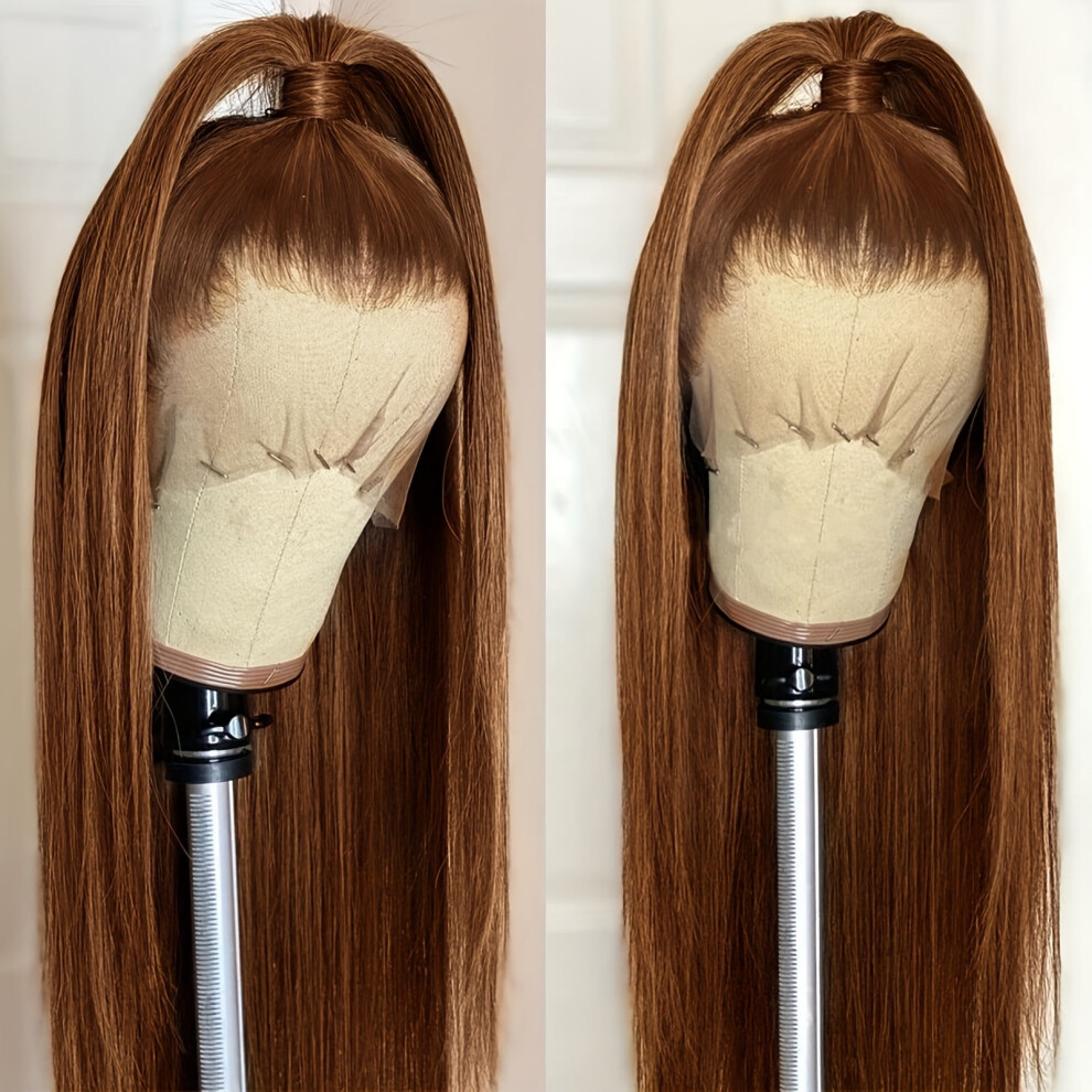 Unisex Brown Straight Lace Front Wig 13X6 Glueless, Heat Resistant Synthetic Fiber With Baby Hair, Natural Hairline, Reddish 26 Inch