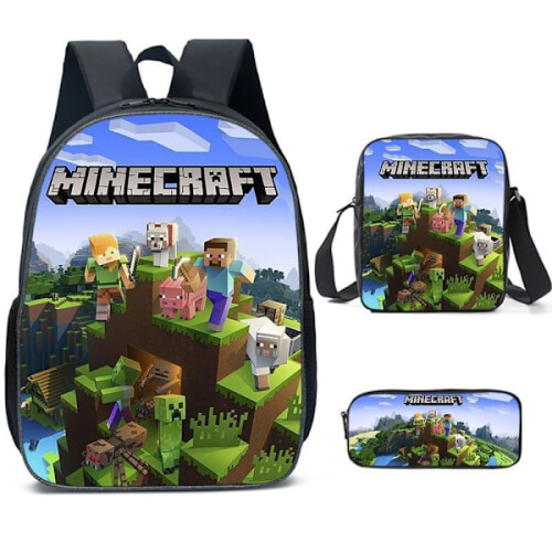 School bag Minecraft game peripheral backpack three-piece set for elementary and high school students pencil case 1