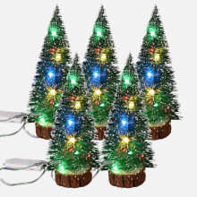 5 Pieces Pre-lit Small Christmas Tree Miniature Pine Trees Small Pine Tree with Wooden Bases Tabletop Decor for Xmas Holiday Party Home Decor
