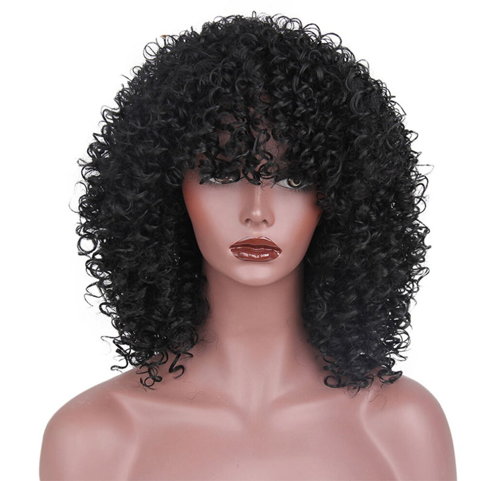 Unisex Black Synthetic Afro Wig For Women Short Curly With Bangs Heat Resistant Natural Hairline Fit