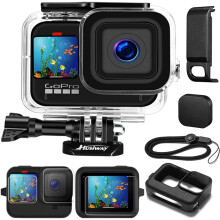 Waterproof Case Housing for GoPro Hero 11 / 10 and 9 Black Tempered Glass Screen Protector Silicone Sleeve