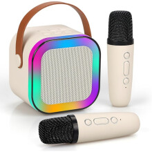 Mini Karaoke Machine for Kids & Adults, Portable Bluetooth Speaker with 2 Wireless Mics, Compatible with Off-white, Ideal Gift for Girls' Birthday