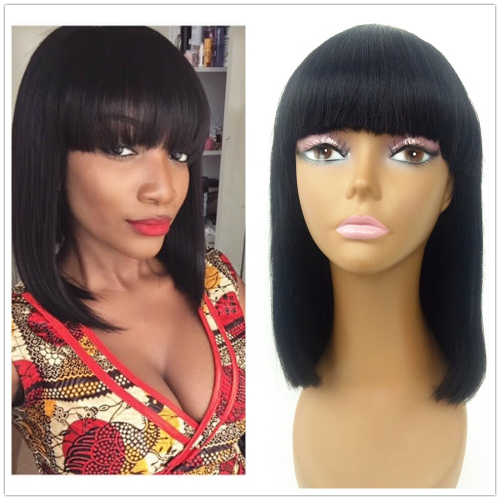 Unisex Human Hair Bob Wig With Bangs Brazilian 12 Inch Glueless Natural Color #1B Readytowear
