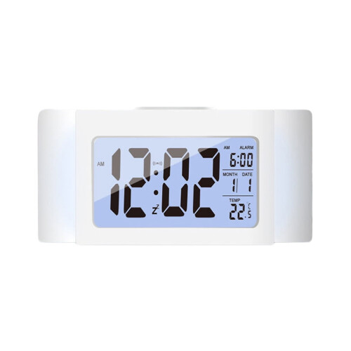LCD Alarm Clock with Temperature, Silent & Light, Multi-function Digital Clock Compatible with No Battery (White)