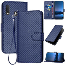 Flip Case for compatible with Samsung Galaxy A20e with Detachable Hand Strap with Card Slot and Kickstand Premium Leather Carbon Fiber Surface