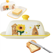 Ceramic Butter Dish with Lid HandDrawn Sunflower Bee Relief Design Butter Keeper for Kitchen