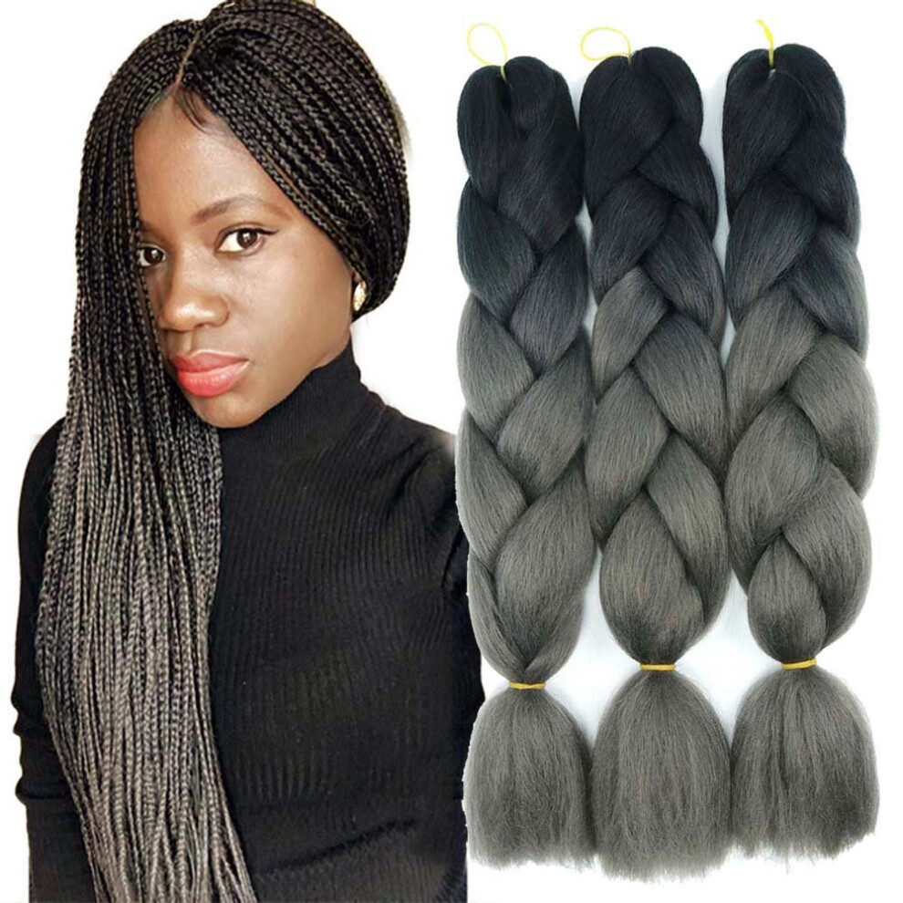 Unisex Black,Grey Synthetic Braiding Hair Ombre Black Grey Jumbo Braids Extensions Yaki Straight Heat Resistant