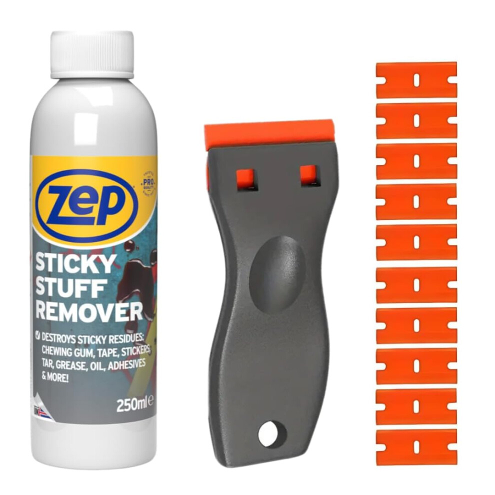 Zep Sticky Stuff Remover 250Ml And Scraper Tool Bundle With 10 Plastic Blades - Adhesive & Sticker Remover 83153495
