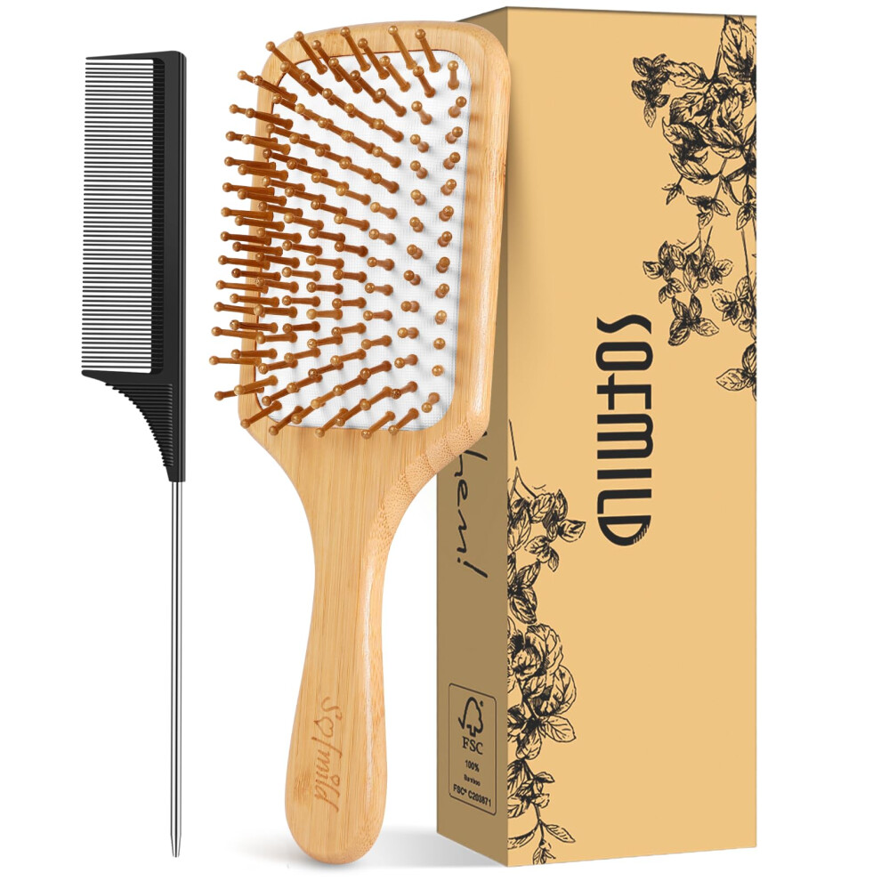 White Bamboo Hair Brush With Wooden Paddle For Detangling, Gentle Scalp Massage, Wet And Dry Hair