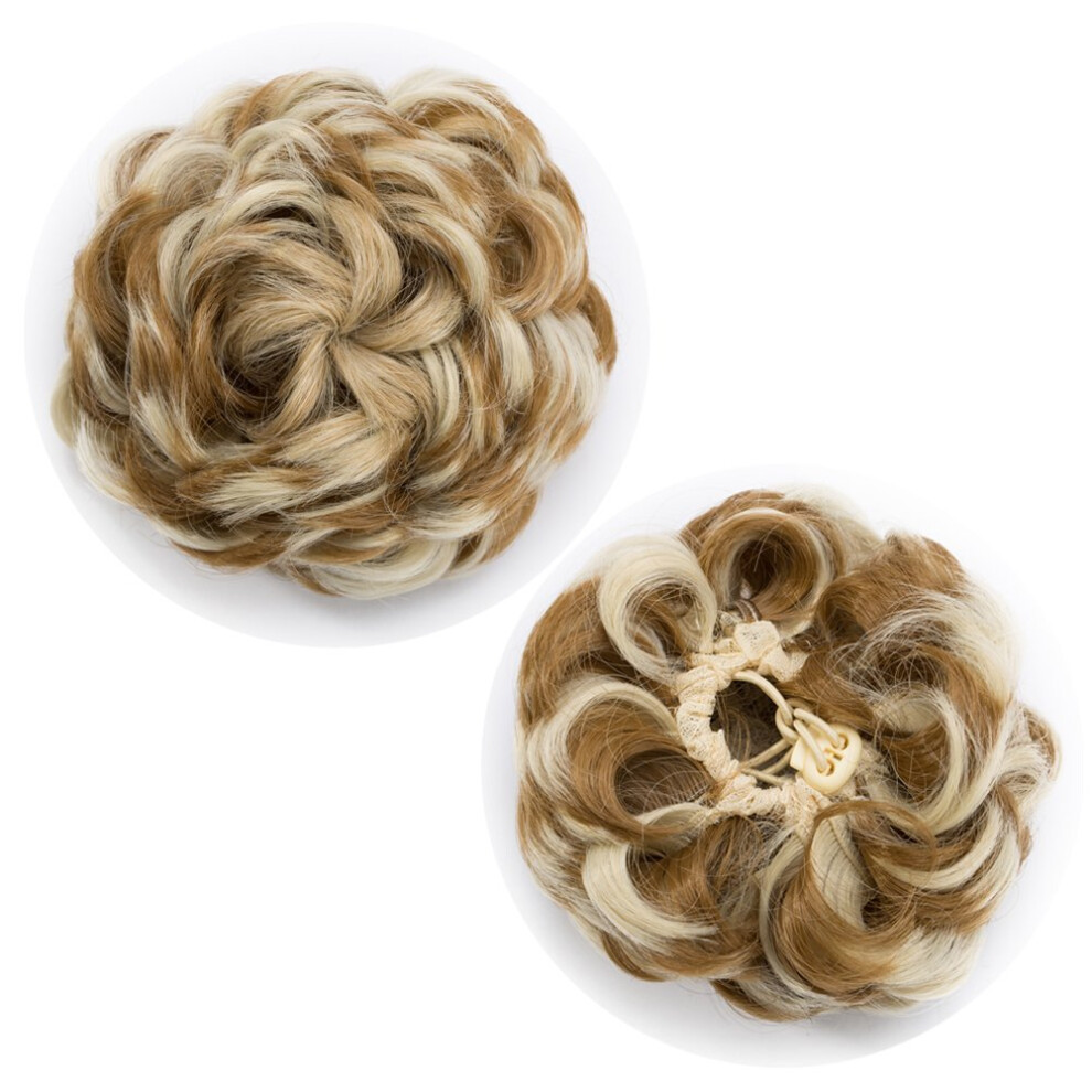 Unisex Hair Bun Extension Synthetic Hairpiece, Strawberry Blonde Wavy Messy Updo With Drawstring Clip Claw