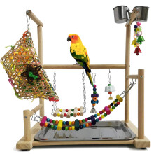 Parrot Playstand Wooden Bird Playground with Ladder Swings Feeder Cups and Toys for Cockatoos