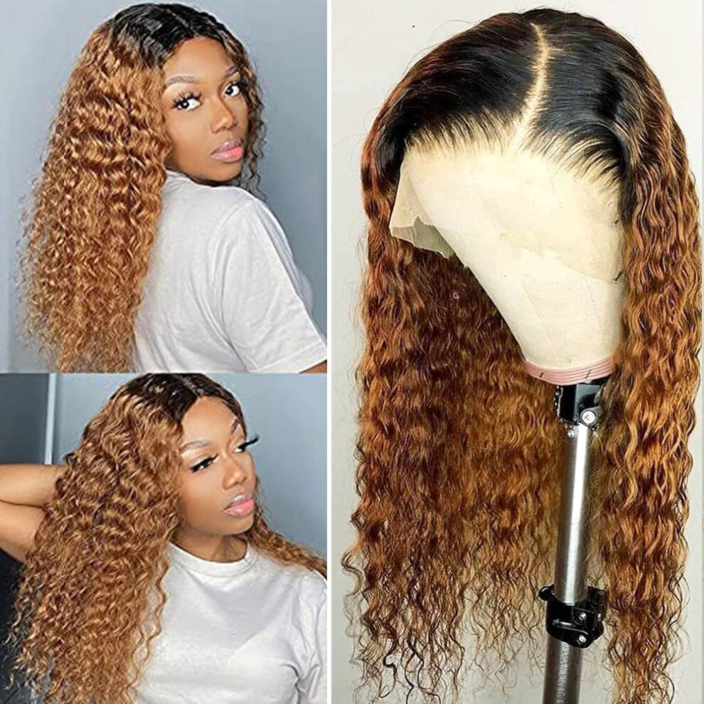 Unisex Black 13X4 Ombre Curly Lace Front Human Hair Wig Pre Plucked With Baby Hair For Women 20 Inch
