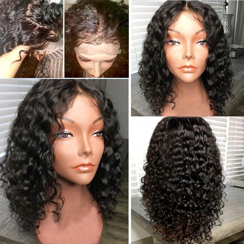 Unisex Curly Human Hair Wig Brazilian Remy Full Lace 180 Density Pre Plucked With Baby Hair 12 Inch