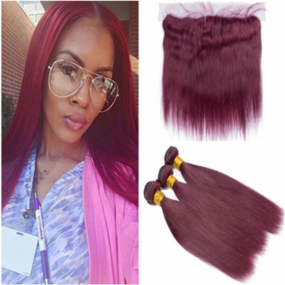 Unisex Red Burgundy Human Hair Bundles #99J Straight Brazilian Weave 3Pcs With 13X4 Lace Frontal Closure