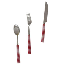 Red Plaid Stainless Steel Cutlery Set with Ceramic Handle Spoon and Fork, Easy Clean Kitchen Utensils