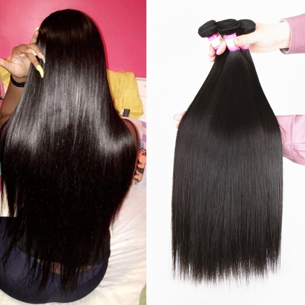Unisex Black Brazilian Virgin Human Hair Extensions Straight 3 Bundles 20 Inch Natural Remy Tangle