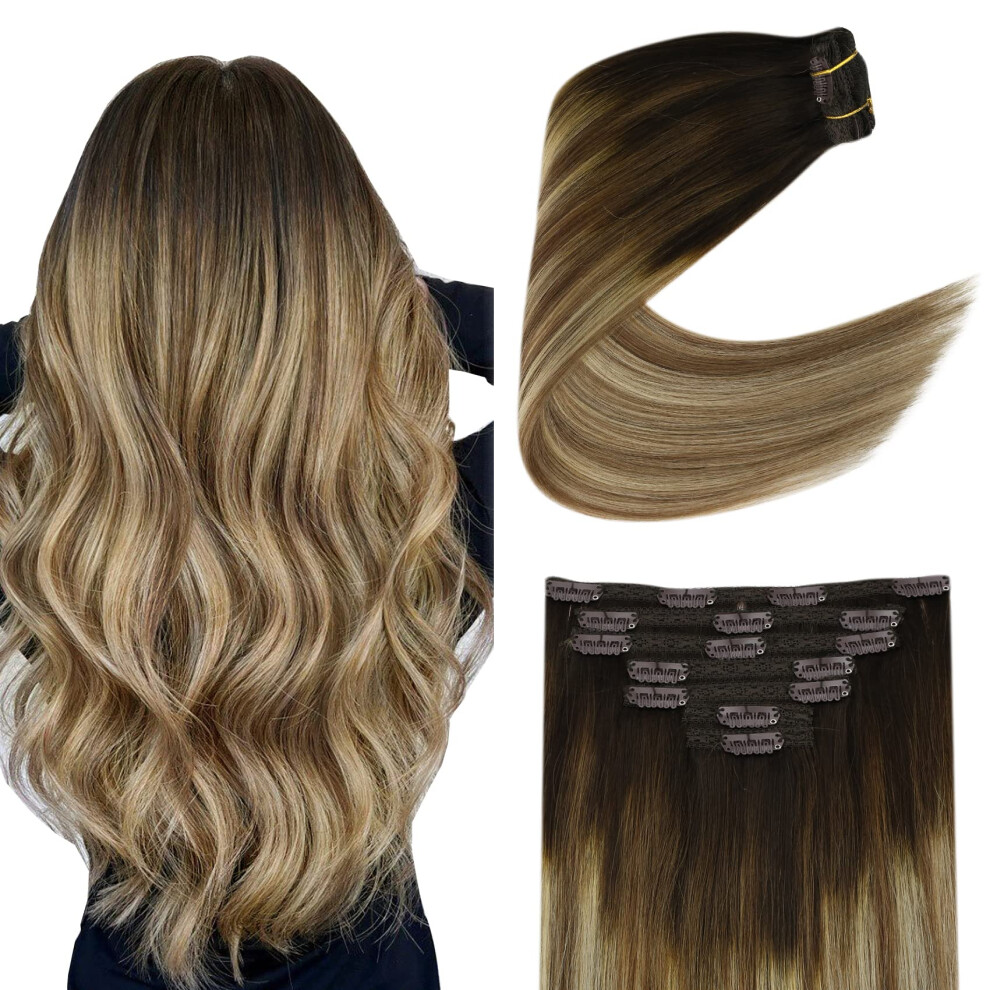 Unisex Brown Clip In Human Hair Extensions 22 Inch Ombre Remy Double Weft Thick Natural Look 7Pcs 100G