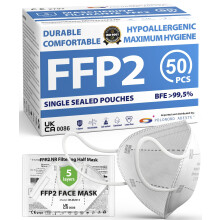FFP2 NR Masks Pack of 50 - UKCA certified, controlled supply chain, comfortable, hypoallergenic, and adjustable elastic bands. Safe: filtration in we