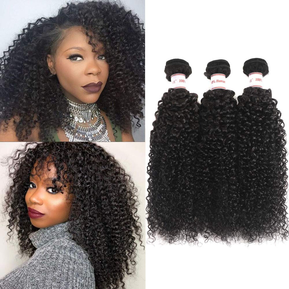 Unisex Brazilian Kinky Curly Virgin Human Hair Extensions 3 Bundles With Closure Natural Full Volume 8A