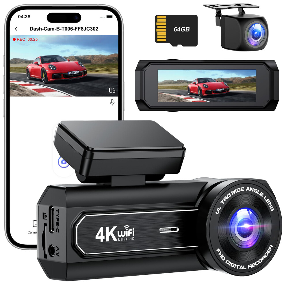 Penemay Dash Cam, 4K + 1080P Dashcam Front And Rear, Wifi Dashcam With 64Gb Sd Card, Dual Car Camera Dash Cam With Night Vision, 170 Wide Angle, G-S