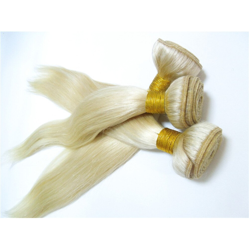 Unisex Blonde Human Hair Extensions 613 Peruvian Straight Remy Weft, Virgin Dyeable, 12 16 Inch