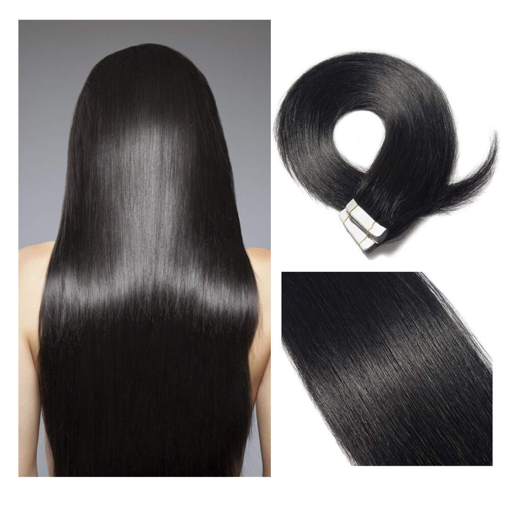 Unisex Black Tape In Human Hair Extensions Natural Brazilian Remy Invisible Seamless Reusable