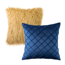 Phantoscope Designer's Choice Faux Fur & Pleated Velvet Throw Pillow Set, 18" x 18", Orange & Navy, 2 Pack