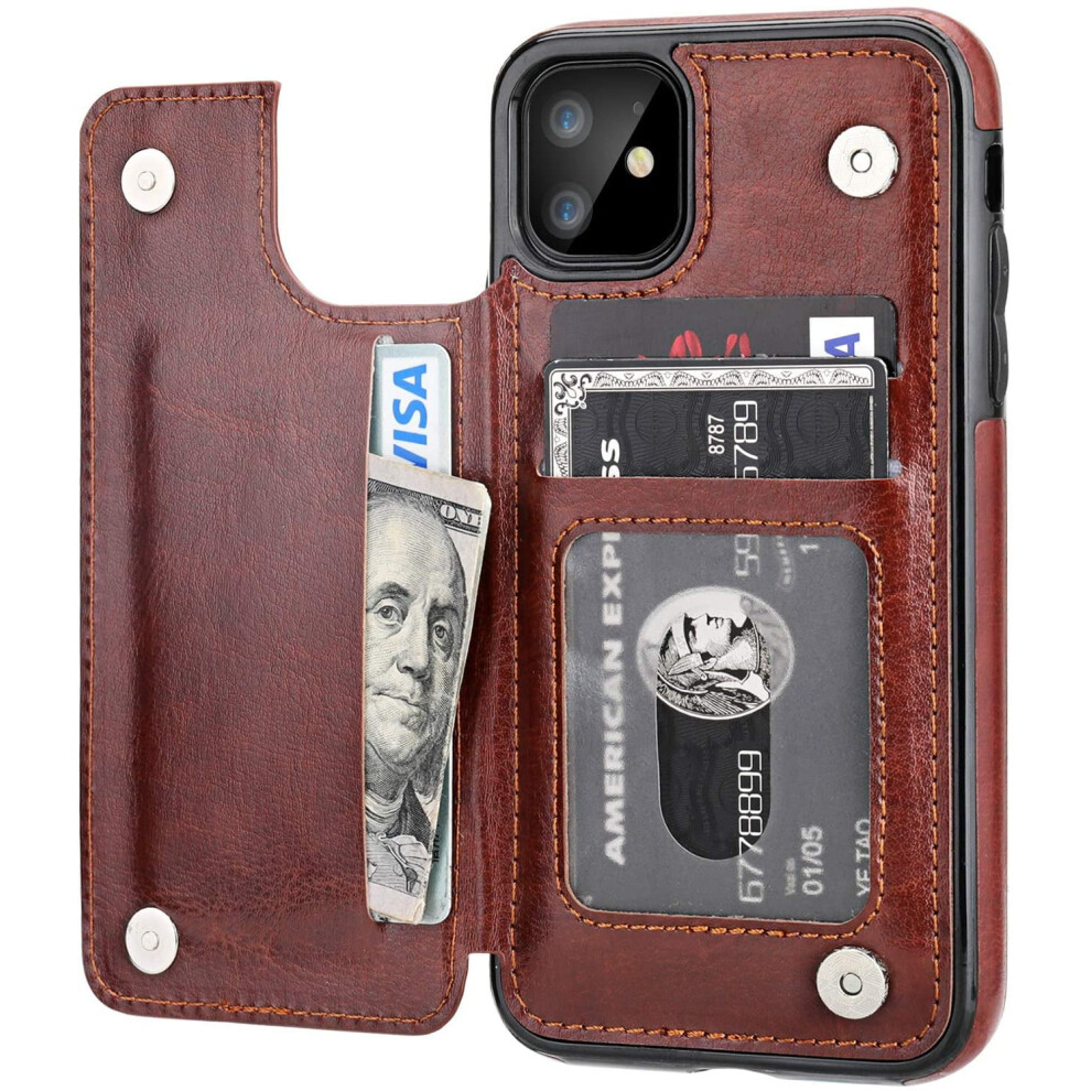 Compatible With Iphone 11 Wallet Case, Pu Leather With Card Holder, Kickstand, Double Magnetic Clasp, Shockproof Cover For 6.1 Inch Brown 9322103965699
