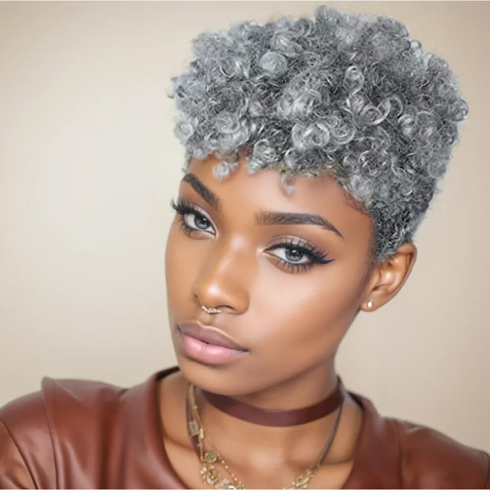 Unisex Black Short Afro Curly Synthetic Wigs For Women Gray Short Curly Wigs For African American Women Girls Short Hairstyles 9183