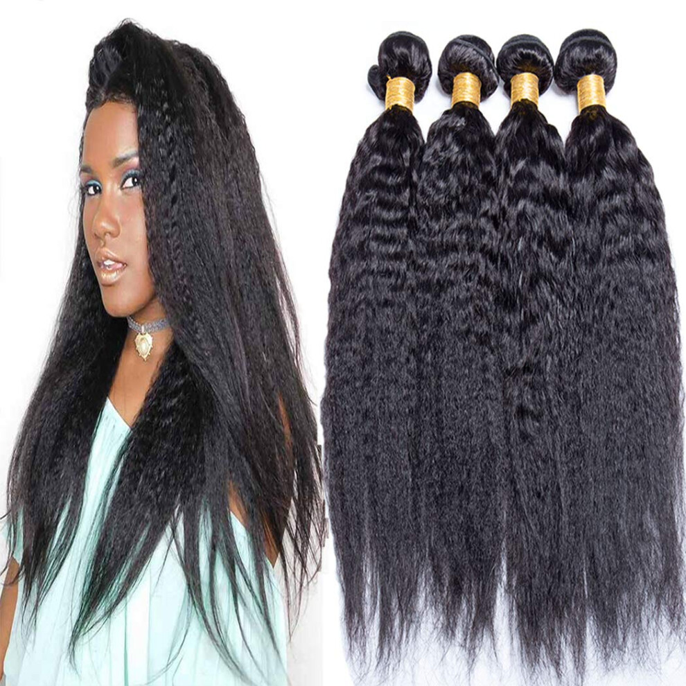 Unisex Brazilian Yaki Kinky Straight Hair 4 Bundles With 4X4 Lace Closure Unprocessed Human Hair