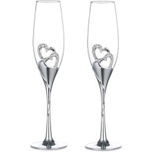 Wedding Champagne Glass Set Silver Toasting Flute Glass 2-pack with Rhinestone Edged Heart Decorations, Silver-XF9-
