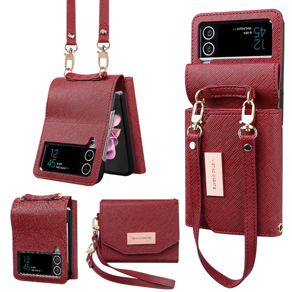 Compatible With Samsung Galaxy Z Flip 4 Wallet Case With Lanyard Strap Pu Leather Shockproof Women Girls Case- Red 9499224733718