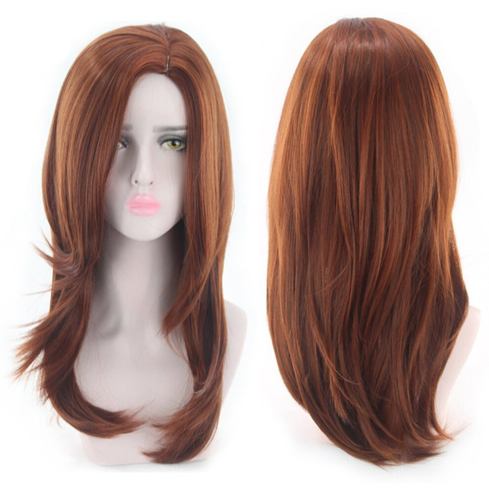 Synthetic Straight Wig Auburn Brown Long Hair with Side Bangs Heat Resistant Natural Looking