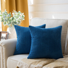 Soft Corduroy Corn Striped Velvet Series Decorative Throw Pillow, 20" x 20", Blue, 2 Pack