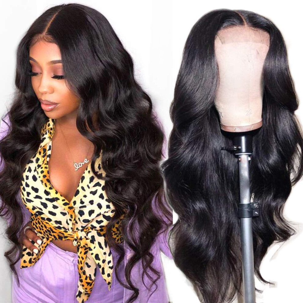 Unisex Black Human Hair Lace Front Wig Brazilian Body Wave 13X5 Pre Plucked 150% Density Natural 14'