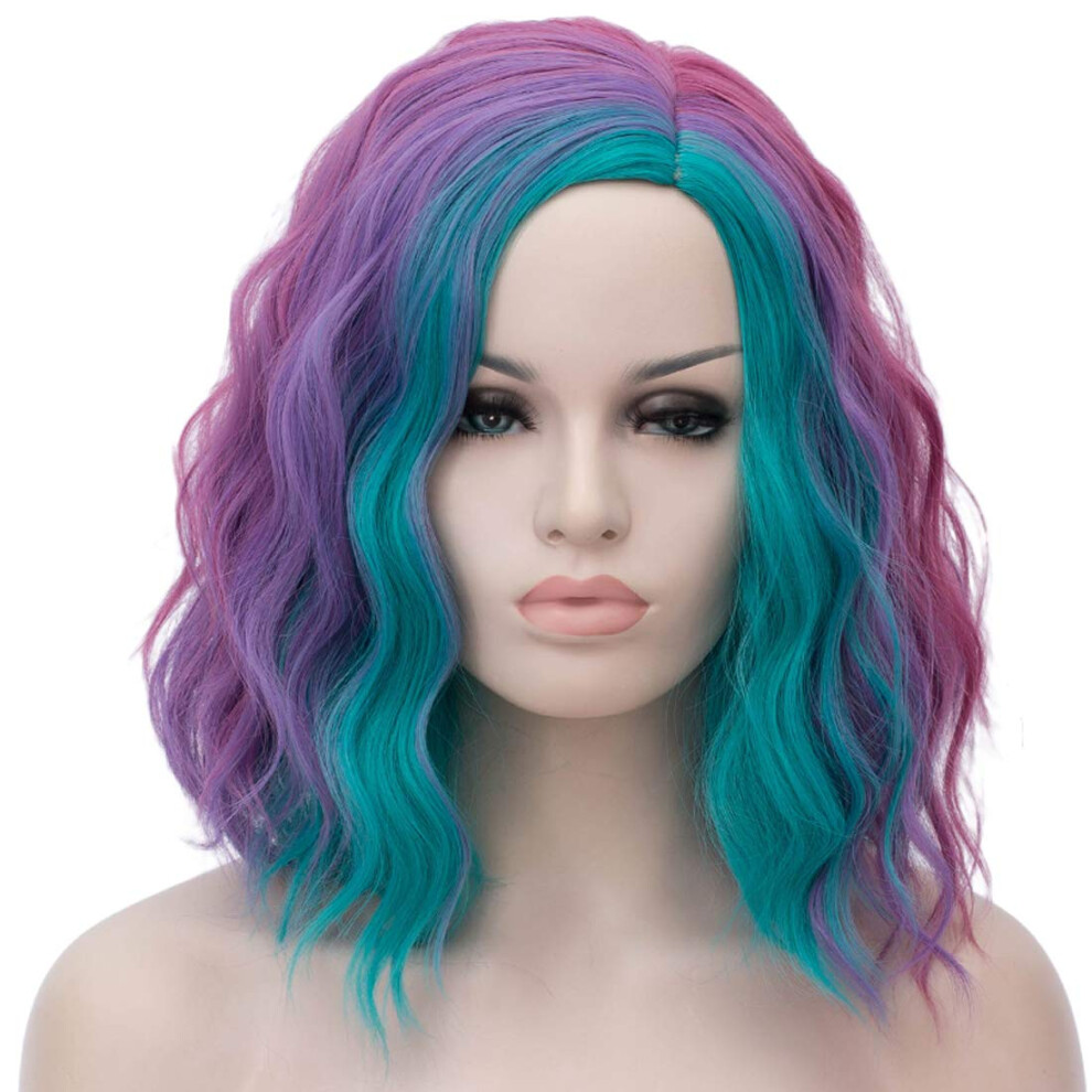 Unisex Short Curly Rainbow Cosplay Wig Heat Resistant Synthetic With Adjustable Cap Multicolor