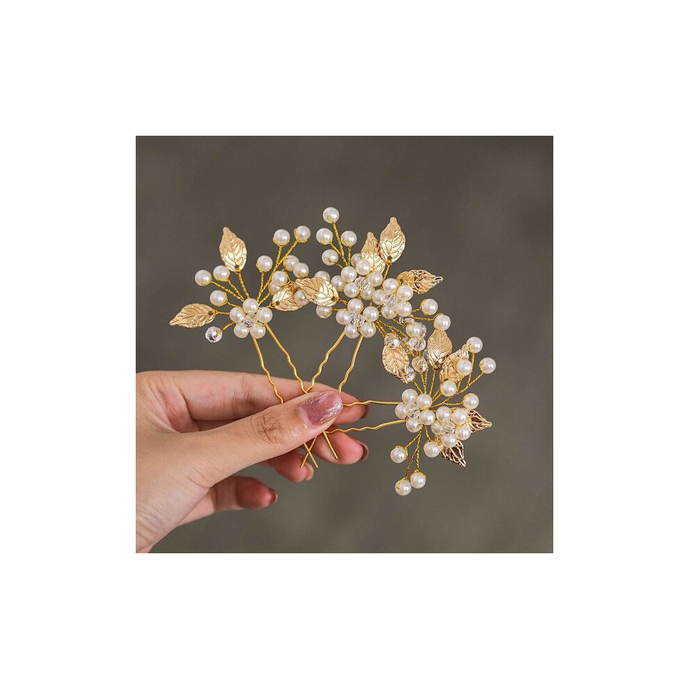 Pearl Bridal Wedding Hairpins Leaf Bridal Headpiece Flower Hair Accessories For Women And Girls (3-Pack) (Gold) Gold 9313598820266