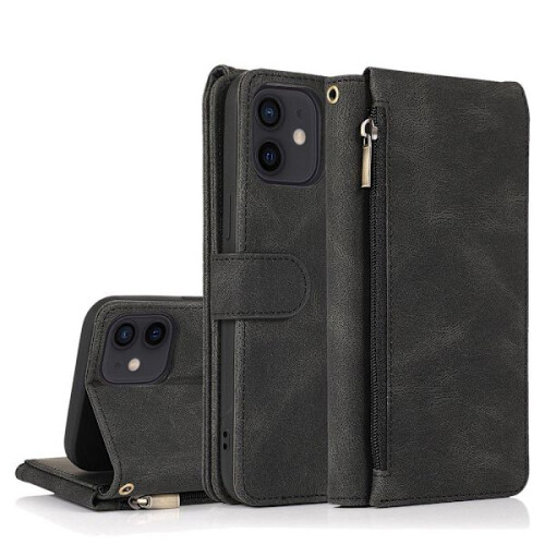 Compatible with iPhone 12 - Professional Rugged Floveme Wallet Case Black