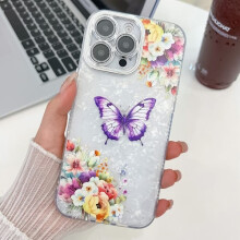 Compatible with iPhone 16 Pro Max Case with Plated Texture and Glitter Lens Protector Flowers Butterflies HU1