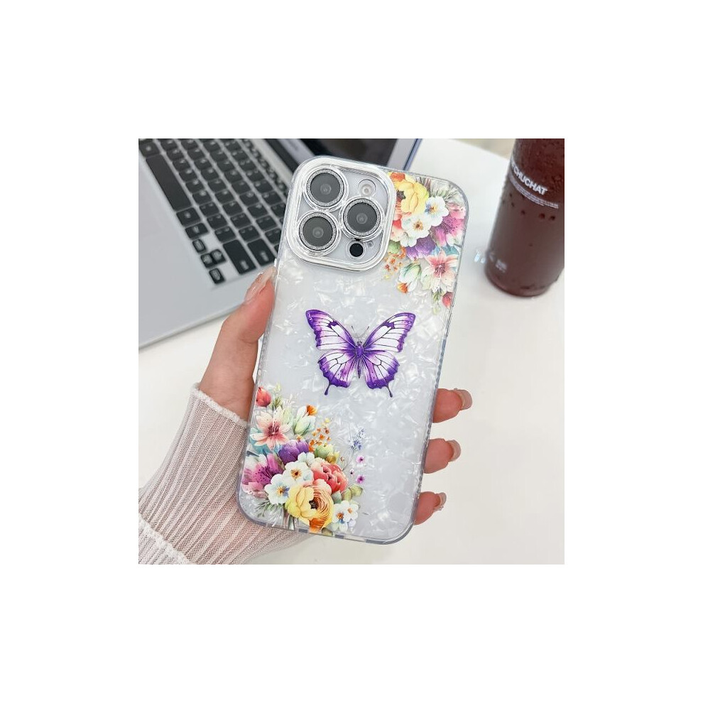 Compatible With Iphone 16 Pro Max Case With Plated Texture And Glitter Lens Protector Flowers Butterflies Hu1 9313598821959
