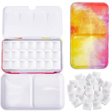 Empty Watercolor Tins with 32 Half Pans, 16 Full Pans, Rainbow Palette Box, Metal Tin Case for Artists, Students, Travel - 4.8x2.8 inch